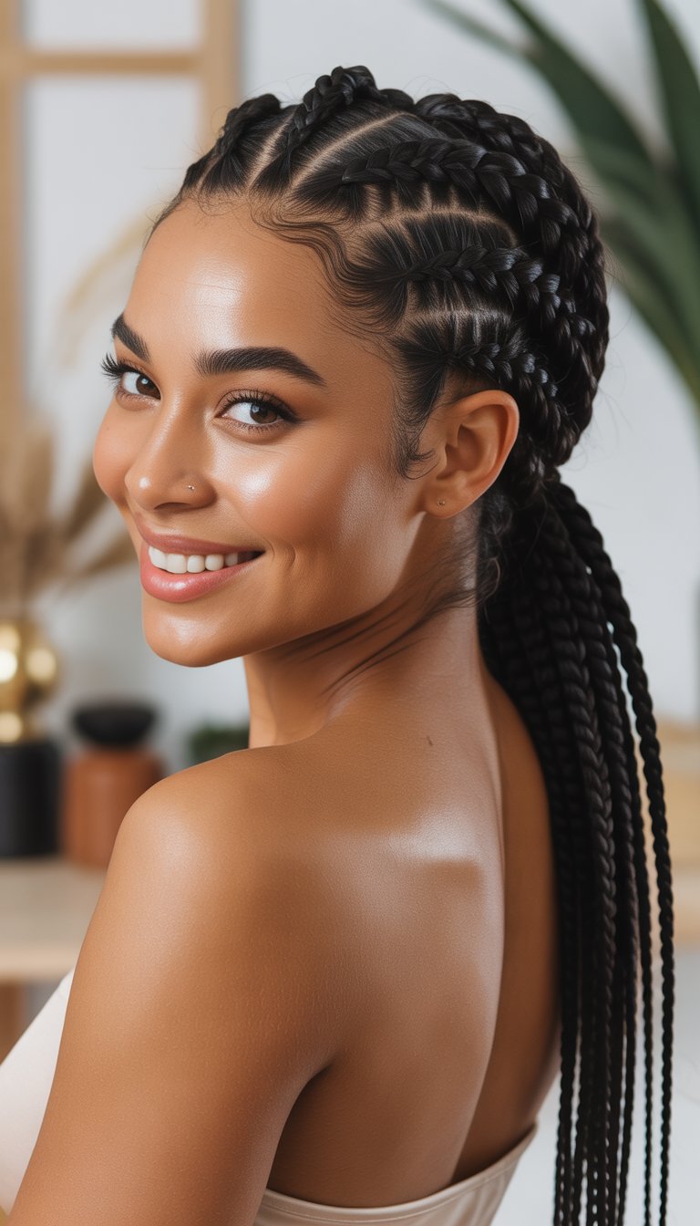 A Black woman smiling with her hair styled in a braided ponytail.